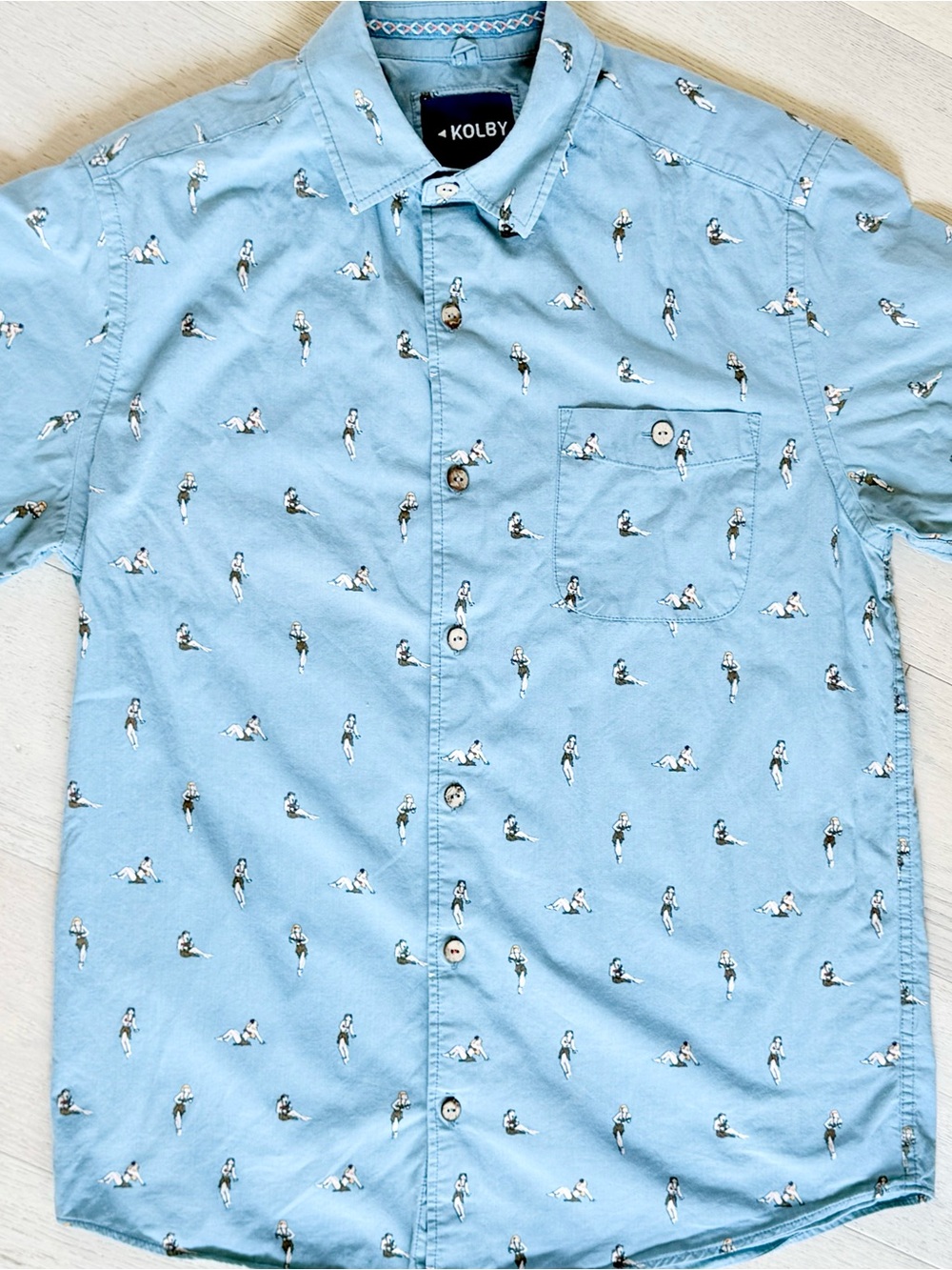 Kolby Blue Hula Girl Retro Hawaiian Button Down Shirt Short Sleeve DadCore
